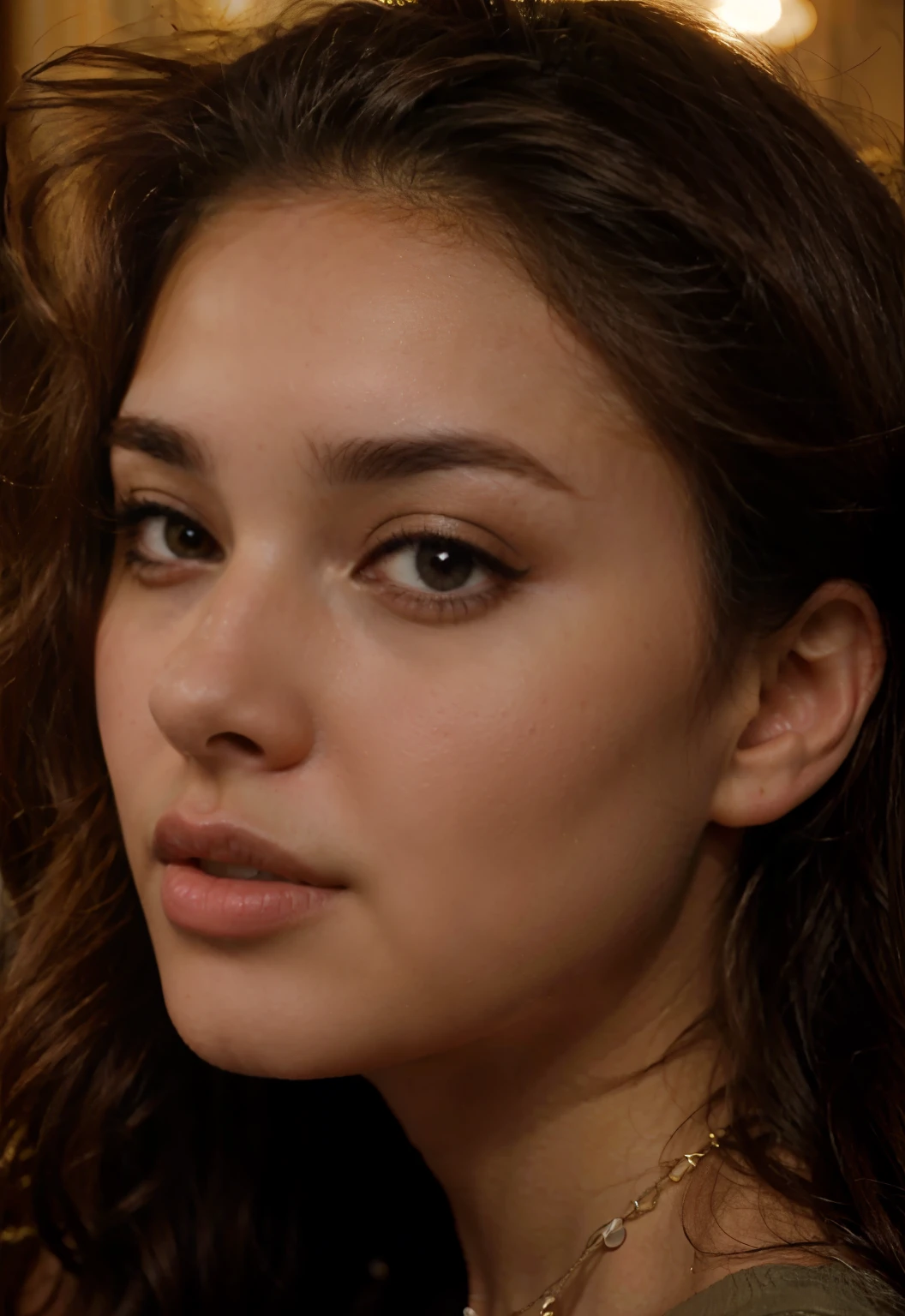 a close up of a woman with long hair and a necklace, gorgeous latina face, portrait sophie mudd, flawless olive skin, madison beer girl portrait, madison beer, brown hair and large eyes, y face with full makeup, soft makeup, soft devil queen madison beer, jaw-dropping beauty, perfect face ), flawless face, extremely beautiful face, sultry look