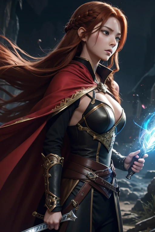 (master piece:1.5), (best quality:1.5), 8k,wallpaper, Full Body Female dark red hair in a short ponytail dark fantasy paladin girl wearing an intricate elaborate futuristic black mini short armor with mini dress with elaborated light pink ornaments, black short mini skirt with elaborated pink ornaments, thick legs, black stockings, wearing a large staff, conjuring a magic circle, stars, night castle background with a big floating rock behind in the distance, ethereal lightning, sharp focus
