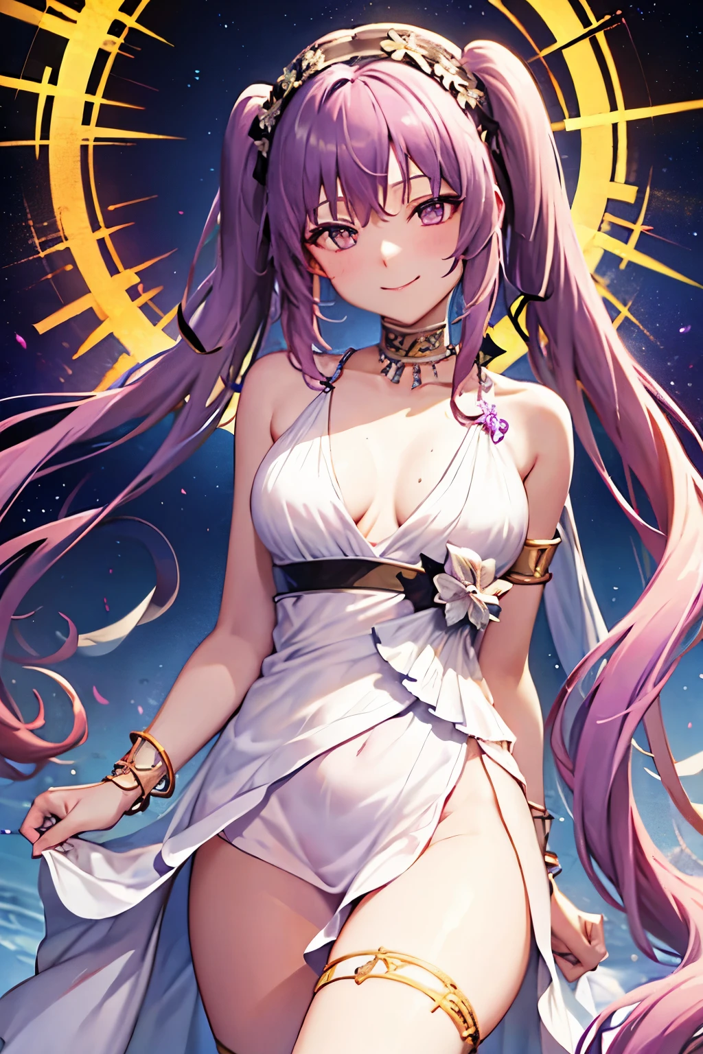 best quality, artwork, high resolution, Alone, dressed,  {Euryale_FGO:1.15}, long_hair, purple_hair, twintails, smiling, in a divine territory, astral, stars behind, godness, white dress, white_Greek ancieth dress, , ancieth greek cloyhes, only_shoulders, choker, sleeveless_dress, bracelet, small breasts, looking at the viewer, ribbon, flower, ribbon, bracelet,

