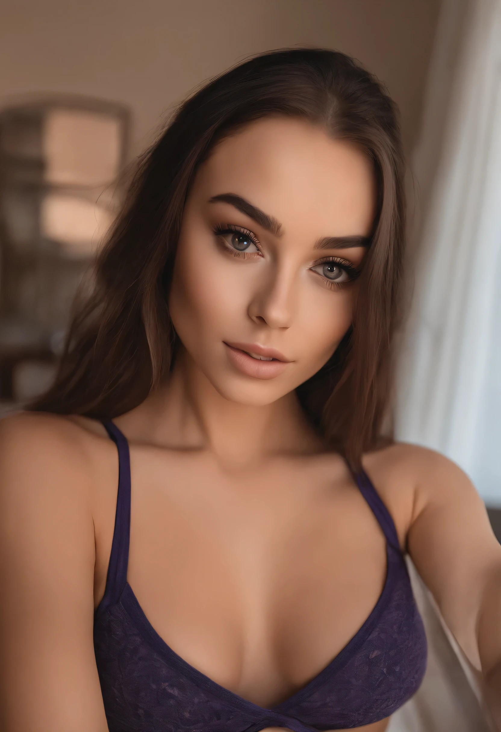 arafed woman with matching tank top and panties, sexy girl with brown eyes, portrait sophie mudd, brown hair and large eyes, selfie of a young woman, bedroom eyes, violet myers, without makeup, natural makeup, looking directly at the camera, face with artgram, subtle makeup, stunning full body shot, in kitchen, cleavage