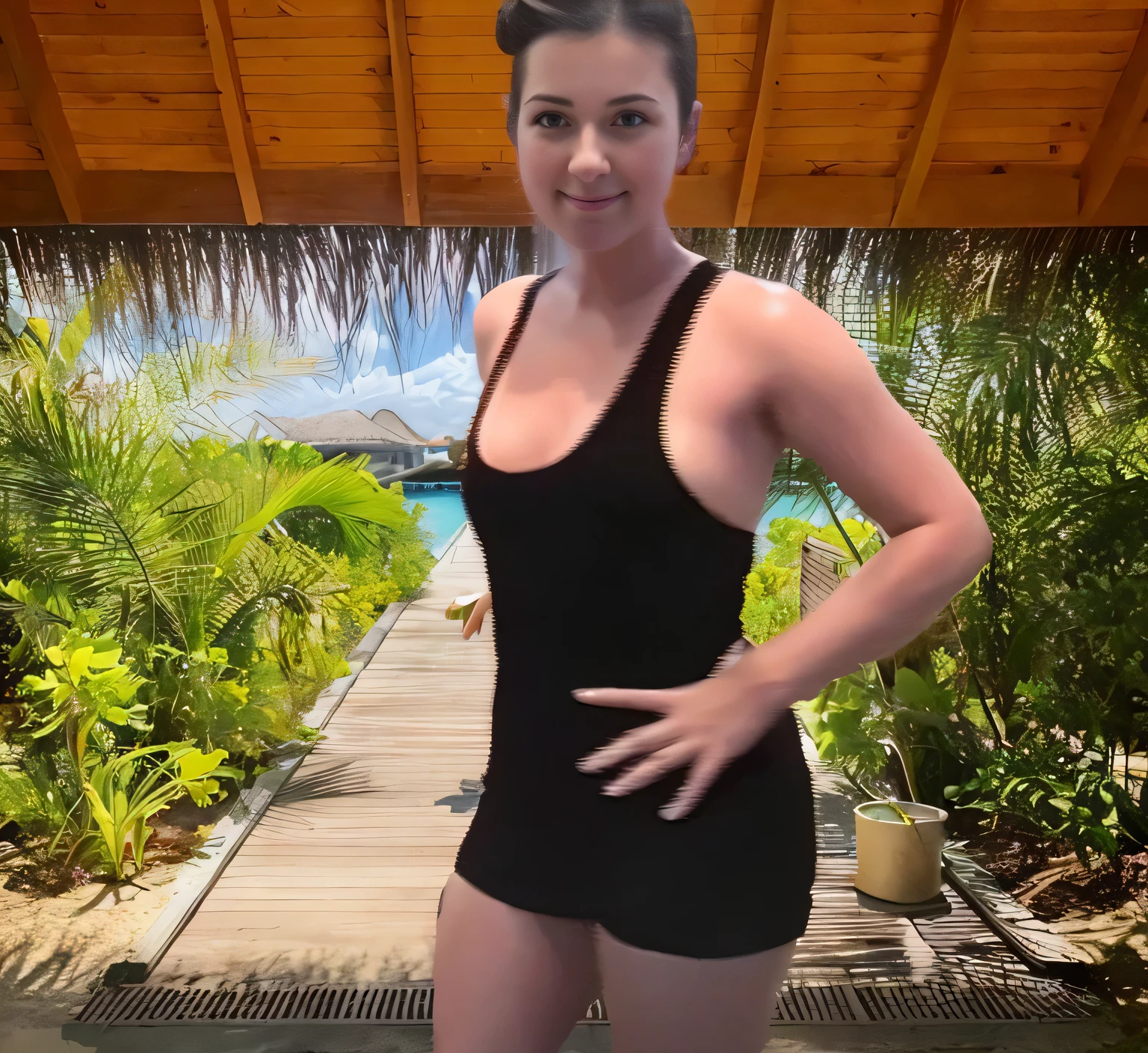 there is a woman in a black swimsuit posing for a photo, she's wearing a swimsuit, linda garota vestindo uma blusa, vestindo uma malha, in a retro swimsuit, wet swimsuit, black swimsuit, vacation photo, espesso, video tiktok, next to a swimming pool, mulher de 30 anosUma mulher de pele branca e cabelos escuros. Ela tem trinta anos. Seu vermelho, slightly plump lips are like a delicate flower, e ela grande, olhos encantadores parecem conter um mundo de maravilhas. Ela tem 30 anos. Your body exudes glamor and your face is the definition of beauty. pernas bem torneadas. Altamente realista, pele avermelhada, beautiful lips, sorriso, feeling of lightness and joy, hiperrealismo, pele muito elaborada, olhar direto, obra de arte, Foto de alta qualidade, high resolution, 8k.