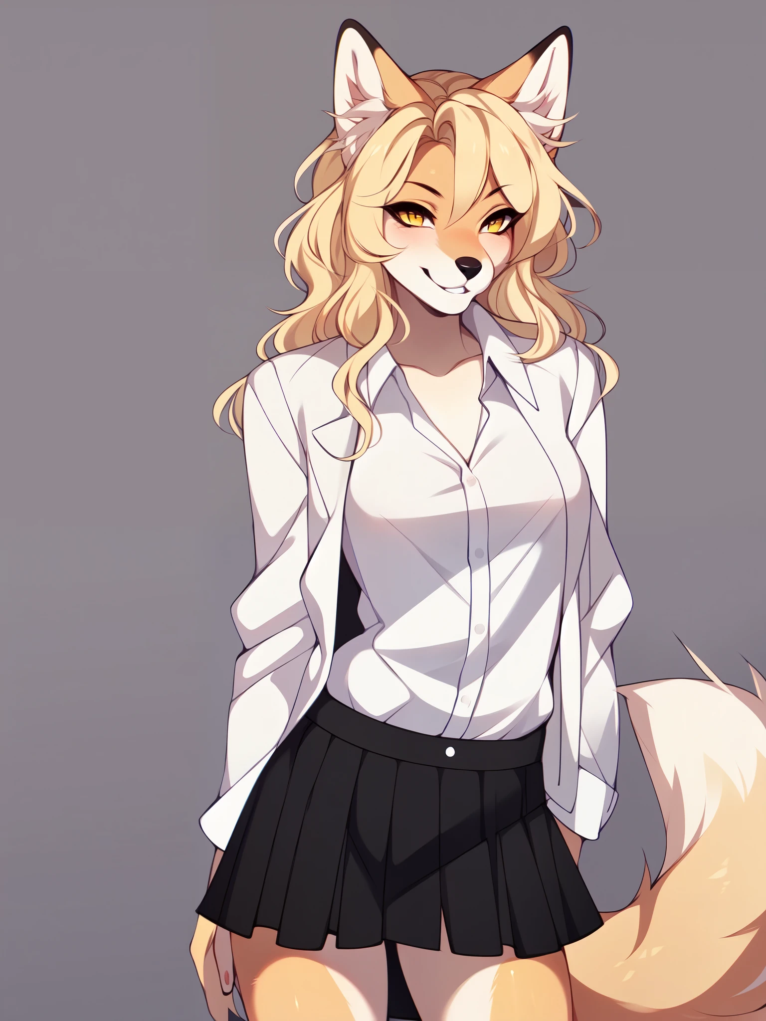 Kimiko, tan fox, blonde hair, yellow eyes, long wavy hair, cute snout, black nose, small breasts, grinning, wearing white shirt, black trendy blazer, black skirt, trendy style clothes, standing, posing playfully, by fumiko, by hyattlen