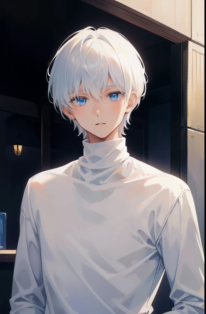 A boy with short white hair and blue eyes, turtleneck