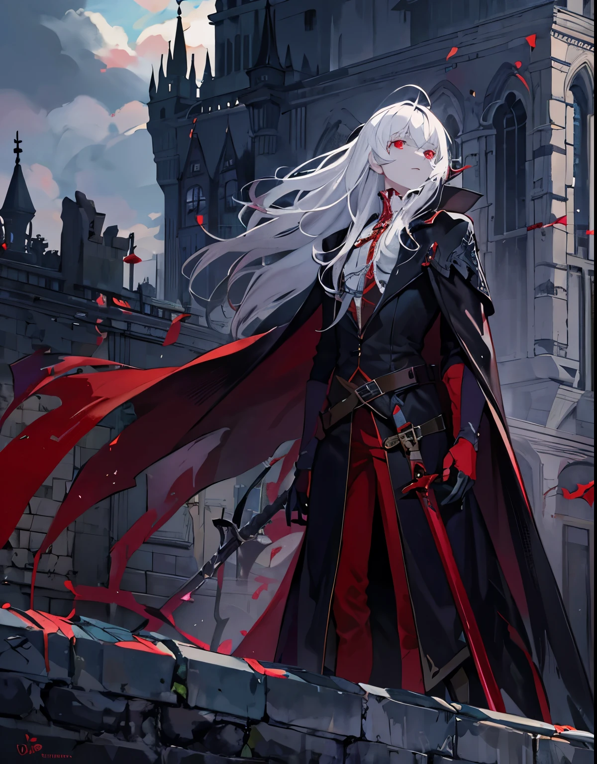 vampire,long white hair,Standing on the rooftop of the castle and looking into the distance,red sword,Gorgeous black cape,red eyes,ruins