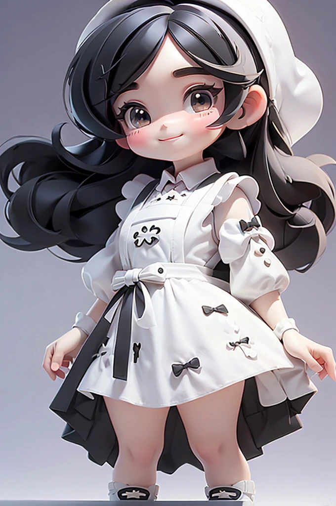 masterpiece, best quality, a cute chibi girl smiling, ((black)) hair, (((white pinafore dress))), (((short puffy sleeves shirt))), white hairbow, shite socks, (((black))) mary jane pumps, school backpack, (((full body)))