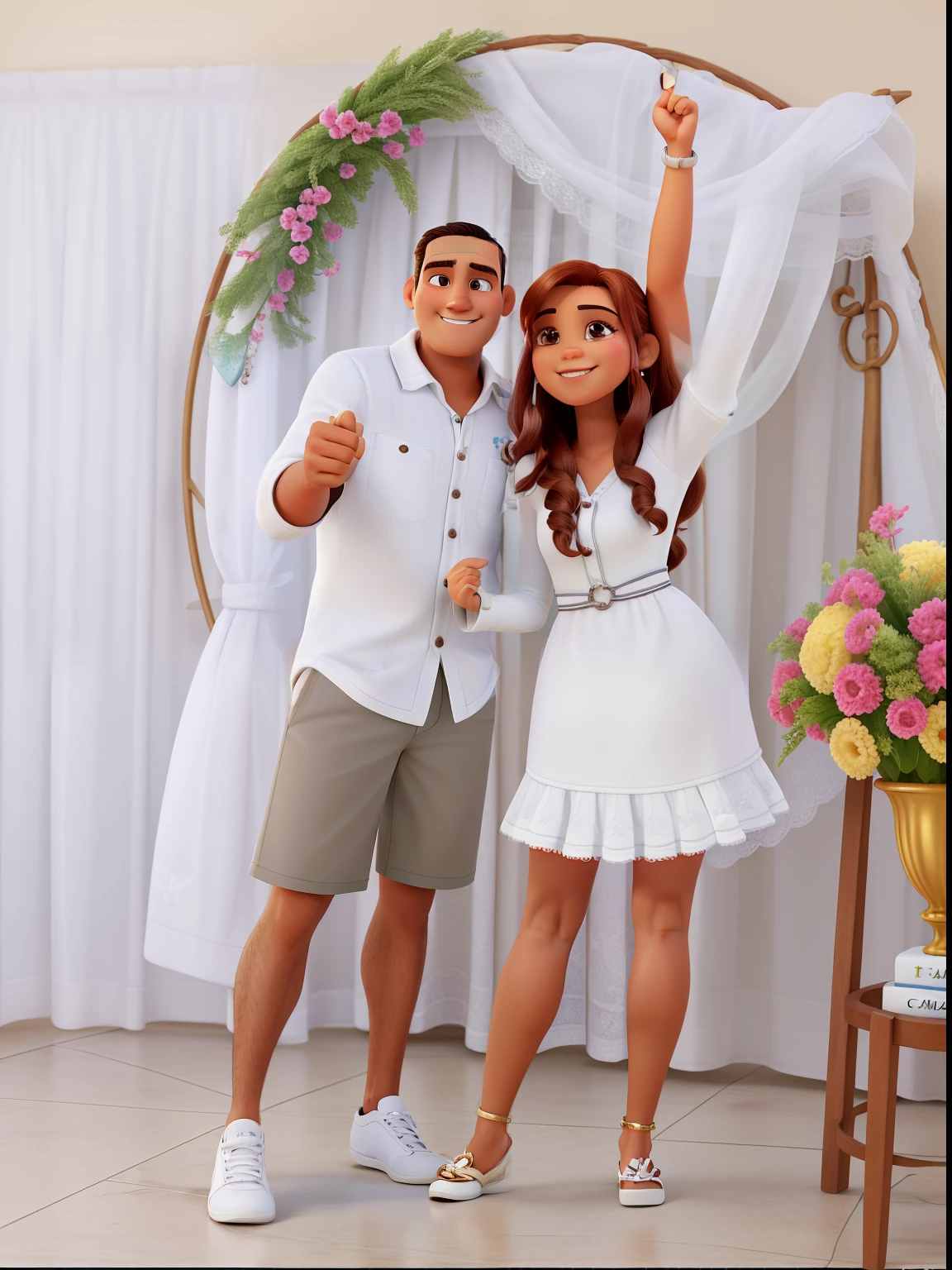 homem de camisa social branca, bermuda, tenes branco, showing ring on finger, careca, sem cabelo, mulher de cabelos compridos, sorrindo, arm rising, showing ring on finger, vestido branco, casamento, alta qualidade, estilo pixar, pixar