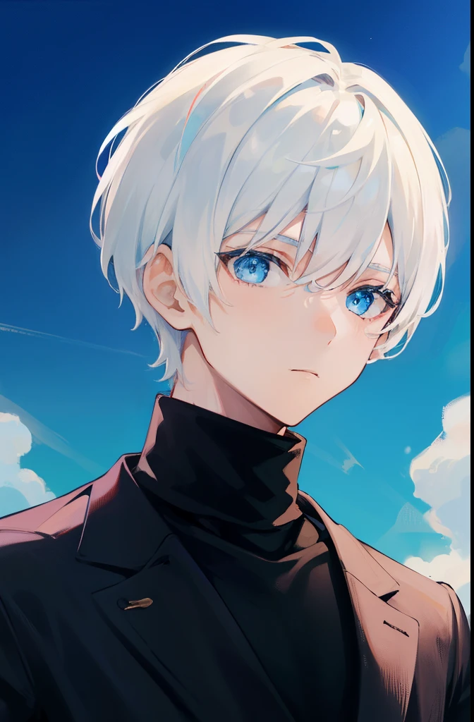 A boy with short white hair and blue eyes, turtleneck, black clothes