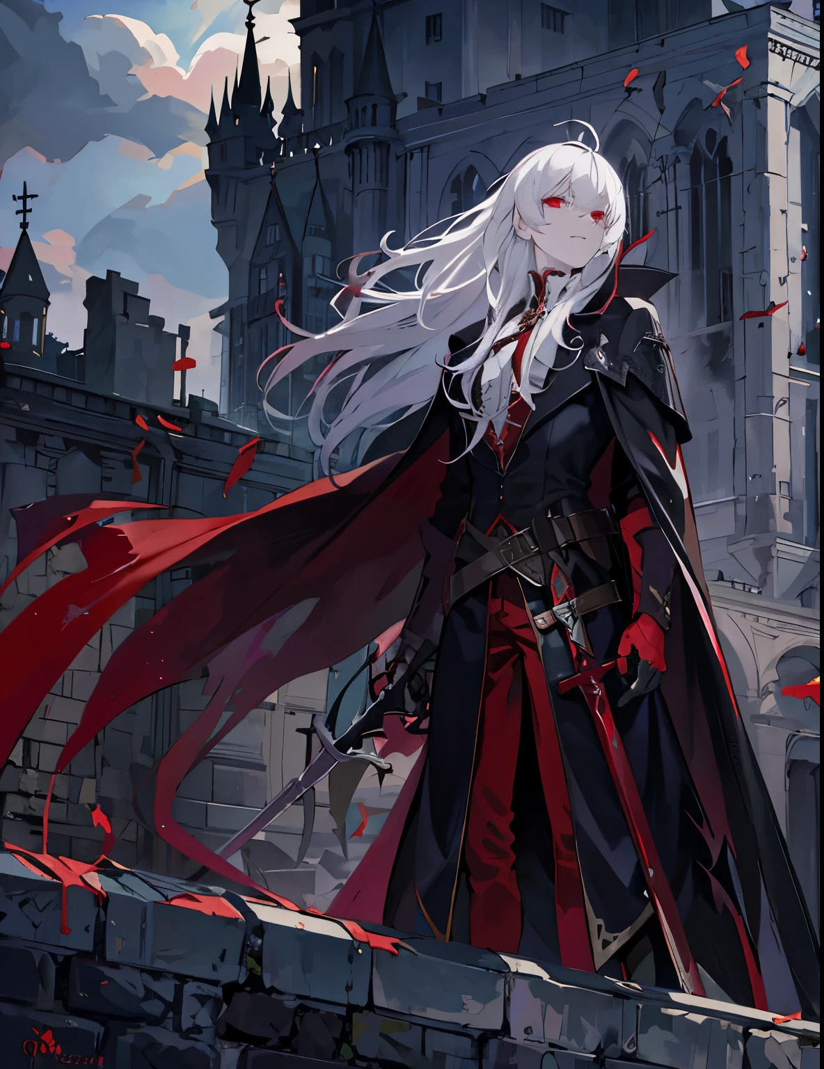 vampire,long white hair,Standing on the rooftop of the castle and looking into the distance,red sword,Gorgeous black cape,red eyes,ruins