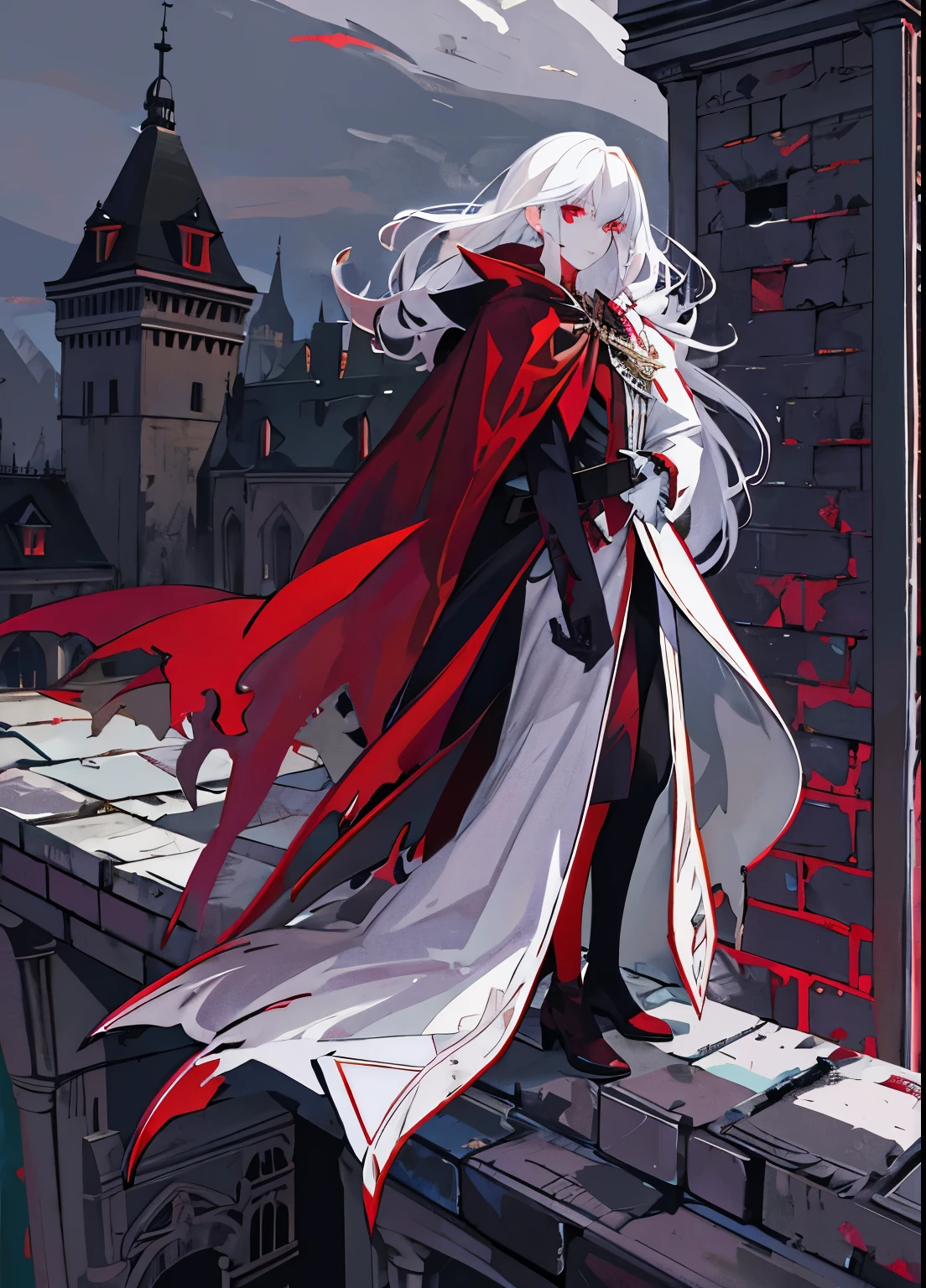 vampire,long white hair,Standing on the rooftop of the castle and looking into the distance,red sword,Gorgeous black cape,red eyes,ruins