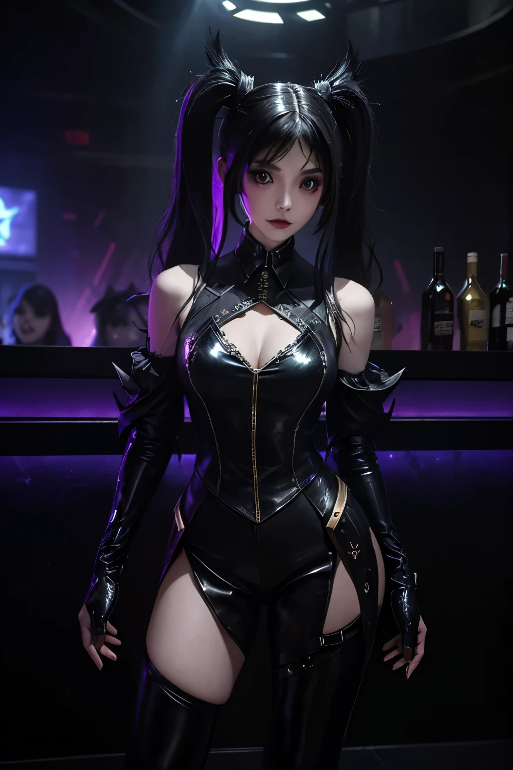 In the dimly lit, futuristic bar, a serious girl with a Succubus-like appearance commands attention. Her Fortnite-style outfit, crafted with Unreal Engine 5.2, glows with an ethereal radiance. Her twin-tails, styled in the Black Metal corpse paint, contrast sharply against her pale complexion. Her Full Body figure, adorned with intricate metallic accents, exudes a sense of power and mystery. With Wide Hips and a strong posture, she leans against the bar, her gaze piercing through the crowd. Her intense gaze is a stark contrast to her playful, metalhead attire, reflecting a complex