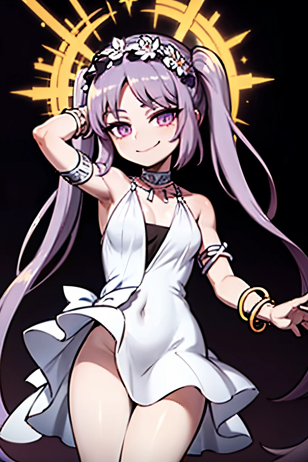 best quality, artwork, high resolution, Alone, dressed,  {Euryale_FGO:1.15}, long_hair, purple_hair, twintails, smiling, in a divine territory, astral, stars behind, godness, white dress, white_Greek ancieth dress, , ancieth greek cloyhes, only_shoulders, choker, sleeveless_dress, bracelet, small breasts, looking at the viewer, ribbon, flower, ribbon, bracelet,
