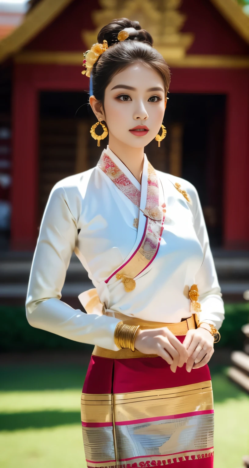 master-piece, 1girl best,looking at the audience, Bagan temple background,full body,Seduction,clean,Exquisite Face,pure face, captivating beautiful eyes, soft pink lips, Fair-skinned,sexy pose,(( northern Thai Lanna Traditional costume)), ((Keng Tong Tai Khun traditional costume)),((Shan dress)), very elegant dress, luxury and very details Tai Khun traditional outfit, white gold color top and red green gold stripes pattern bottom,long-haire messy bun with flower, (((wearing many silver bangle, gold earrings, Thai Lanna gold hairpin))),((perfect female figure)),real person,