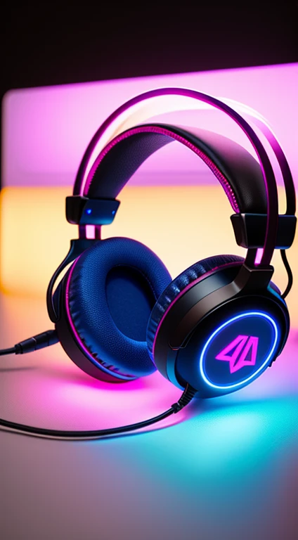 A black headset on a white table with pink and blue neon reflections