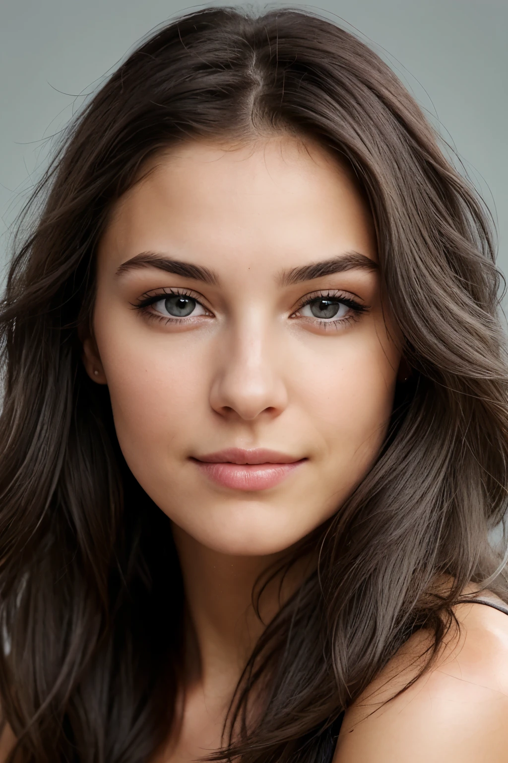 eye contact of brunette with flowing hair gray theme