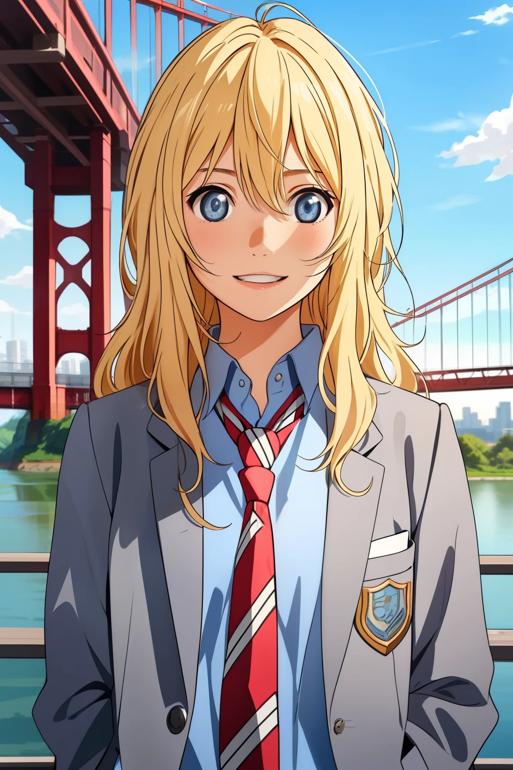 
masterpiece、highest quality、High resolution、super fine、leader,blue eyes,blonde hair,long hair,school uniform,blazer,Jacket,grey Jacket,open Jacket,stripe tie,(red tie:1.2),collared shirt,blue shirt,long sleeve,plaid skirt,gray skirt,black socks,loafers,CCWORI、blue eyes、blonde、long hair、hair between eyes、bangs、Riman、((evening、On the way home from school、hands on the bridge、open your mouth and laugh))