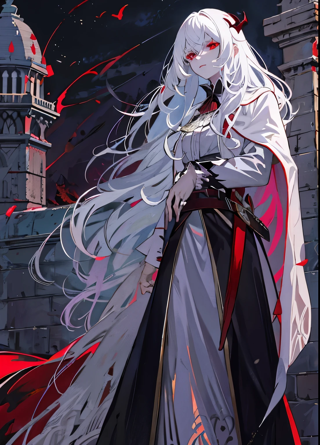 vampire,long white hair,Standing on the rooftop of the castle and looking into the distance,red sword,Gorgeous black cape,red eyes,ruins