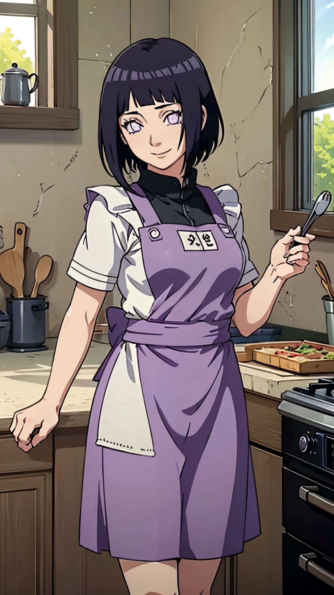 masterpiece, detailed, HinataHyuga, 1girl, black hair, short hair, purple eyes, stands near the kitchen stove, cooking meal, no clothes on, (wearing kitchen apron), smiling, warm sunlight from windows