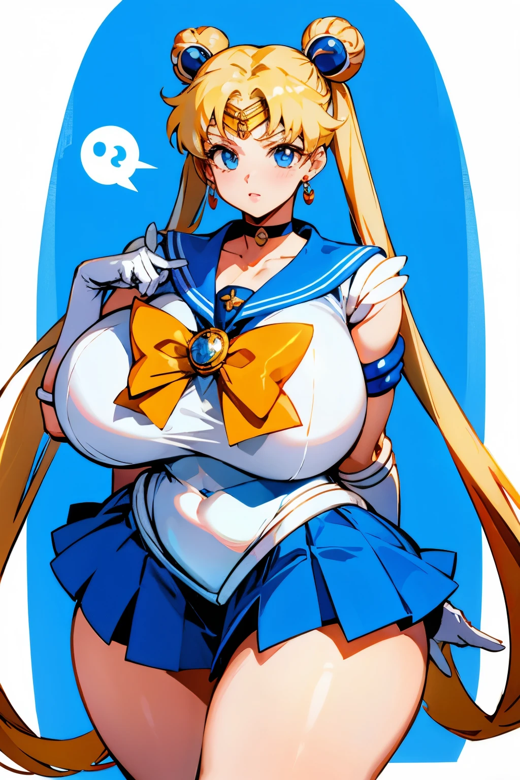 venusbody,1girl,solo,(huge breasts:1.1),gigantic hips,wide hips,thick thighs,(huge thighs:1.3),sailor senshi uniform, Sailor Moon, blonde hair, magical girl, blue eyes, blue skirt, elbow-length gloves, tiara, pleated skirt , blue sailor necklace, miniskirt, choker, blue choker, white gloves, double buns,very long twintails, jewelry, earrings