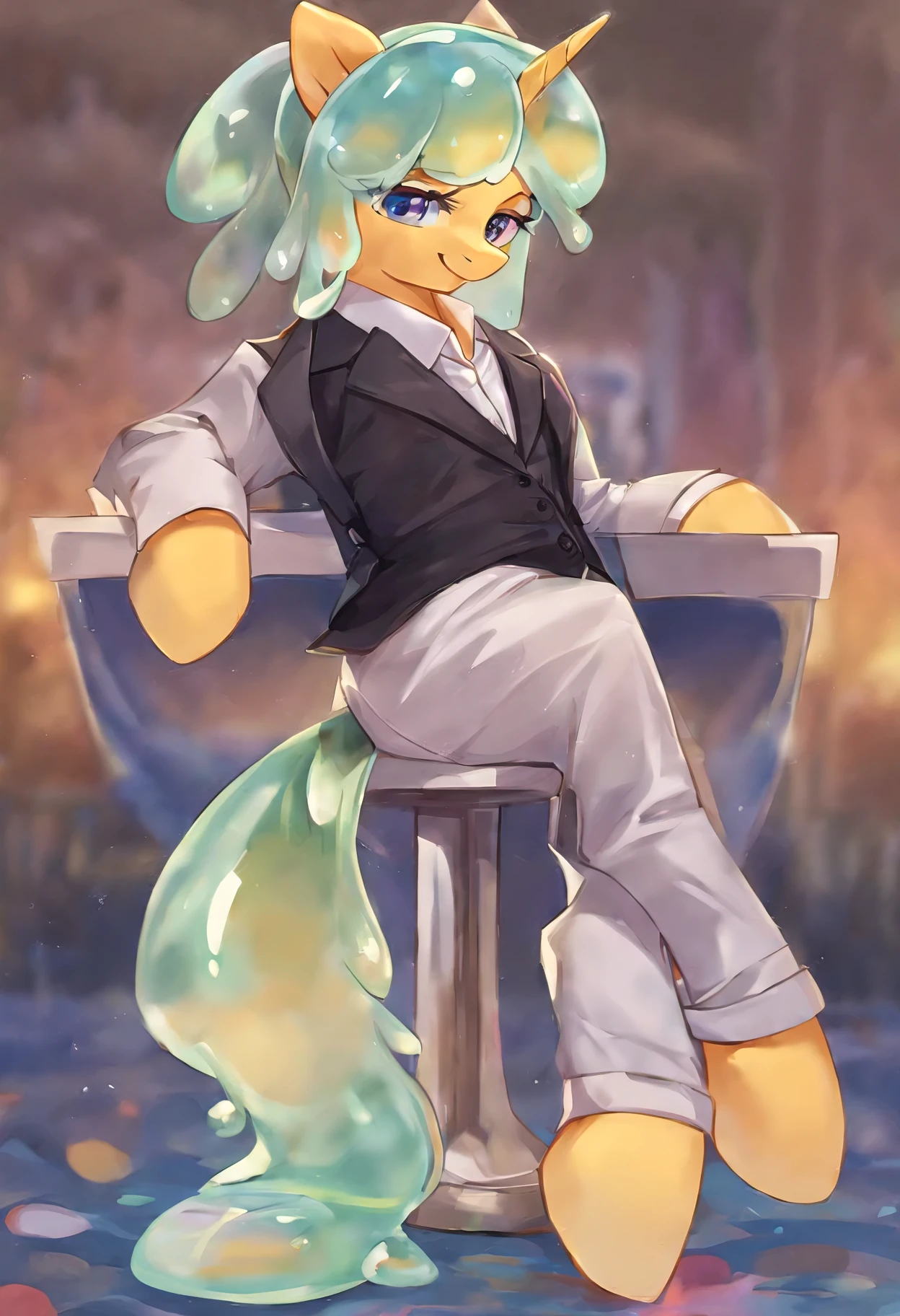 pony, rating_safe, score_9, an adult slime girl, (((adult))), slime girl like, anime pony that looks like slime, clothing, wearing clothing, suit, professional suit, suit dress, suit that looks like dress, high quality, detailed
