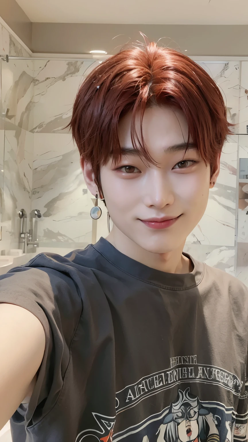 arafed asian man with red hair on his shoulders taking a selfie in the bathroom with two mouth piercing on the side, Cai Xukun, Jinyoung Canela, Jung Jaehyun, Hyung Tae, Wan lovely Korean face, Shin Jeongho, shy smile, Sakimichan, Hong June Hyung, Yanjun Chengt, foto de perfil headshot, TaeJune Kim, Jaeyeon Nam, rosto bonito claro, sorriso manhoso encantador