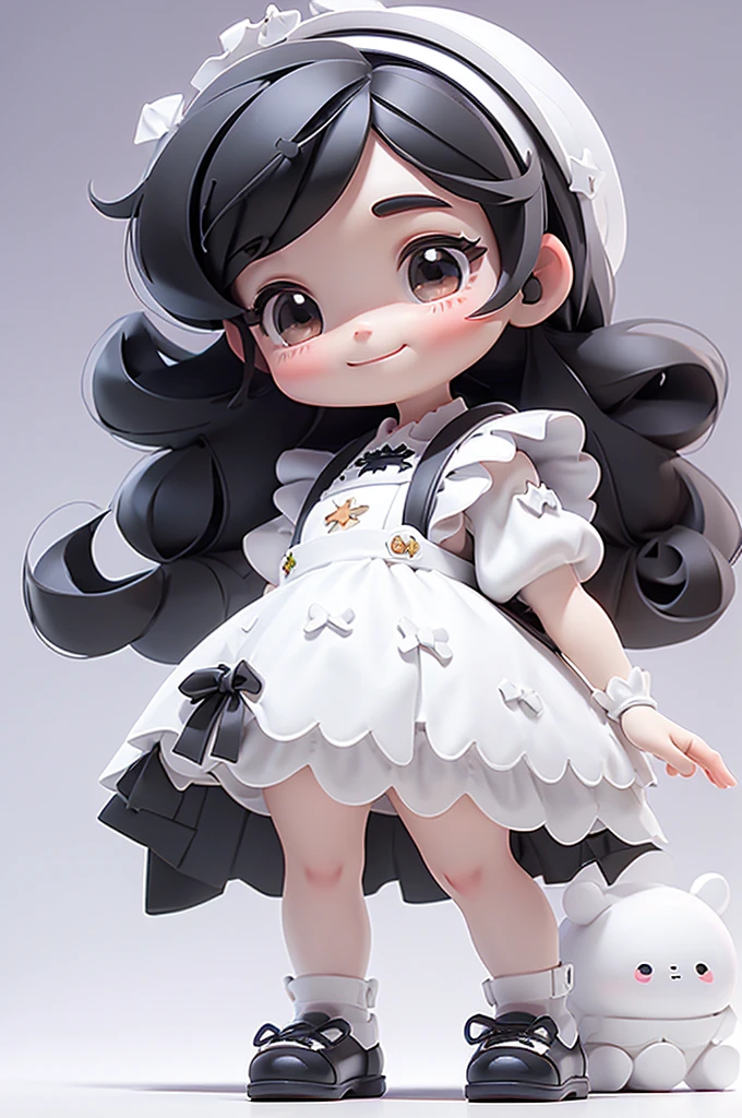 masterpiece, best quality, a cute chibi girl smiling, ((black)) hair, (((white pinafore dress))), (((short))) puffy sleeves, white hairbow, white socks, (((black))) mary jane pumps, school backpack, (((full body))),