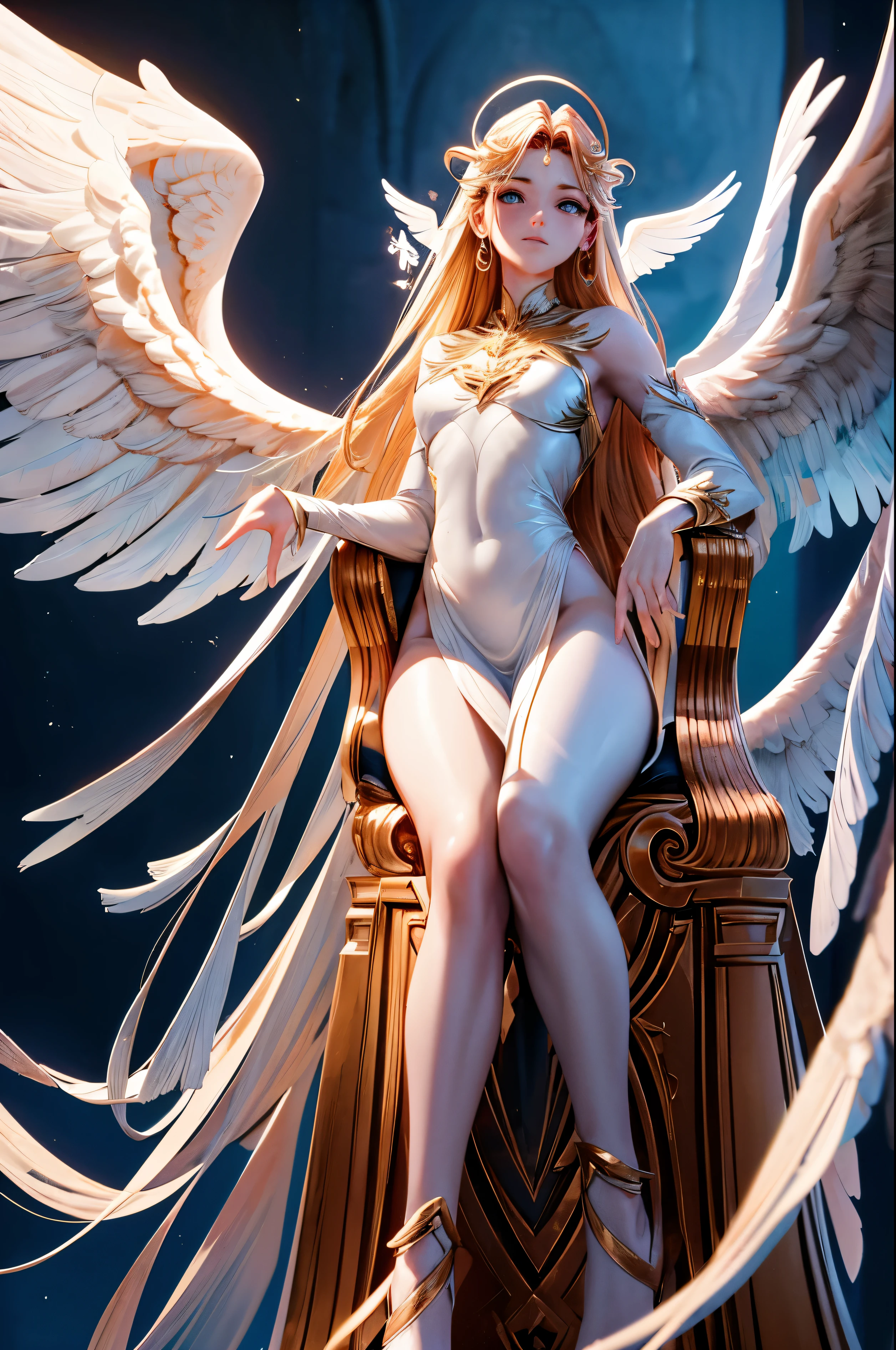 The image presents an angelic figure with a powerful and evocative presence. The angel, adorned with magnificent wings, appears in a regal seated posture atop a celestial pillar, exuding an air of solemn grace and resilience. The angel's skin, with its rich and unmistakable coppery hue, lends an ethereal and captivating quality to their appearance, remaining faithful to the original depiction.
Outlined by the scars of battles fought, the angel's face and body bear the marks of enduring adversity, a testament to their unwavering strength and unyielding spirit. Despite these battle-worn features, the angel's countenance exudes a timeless and captivating beauty, reflecting an inner strength and dignity that transcends physical imperfections.
The grandeur of the figure's presence is further accentuated by the magnificent wings, one of which has been broken, projecting a poignant symbol of both resilience and loss. This juxtaposition of strength and vulnerability lends a compelling depth to the overall portrayal, inviting the viewer to contemplate the complexities of the angel's character and journey.
Atop the angel's head glows a radiant sphere of pure energy, casting a warm luminosity that evokes a sense of divine presence and otherworldly power. Underscoring the figure's unmistakable aura of elegance and power, the celestial orb serves as a breathtaking focal point, adding a mesmerizing touch to the angel's compelling depiction.
Completing the portrayal is the striking imagery of the gravity-defying pillar, against which the angel is seated, and from which rivulets of crimson liquid flow in defiance of natural laws. This captivating effect, reminiscent of cascading blood, adds a dramatic and enigmatic dimension to the scene, further accentuating the otherworldly nature of the angel's environment.
The angel's form, muscular and poised, conveys a sense of both power and agility, embodying an innate strength that resonates with the observer. Combined with the figure
