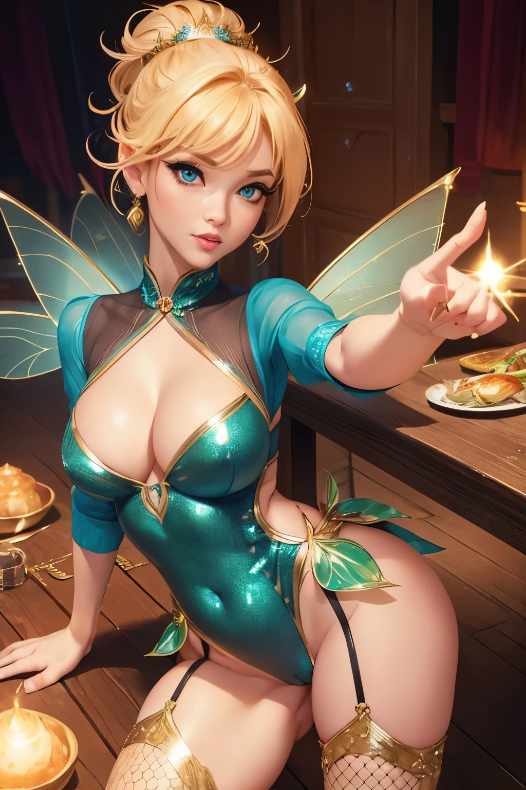 (Jim Lee art style:1.2), (gorgeous fairy:1.2), (extremely cute), (beautiful and elegant:1.2), (slim fit:1.2), (short and tiny:1.1), (miniature Tinkerbell:1.1), (???? bombshell:1.3), (busty:1.2), (deep cleavage), (??????? bulge:1.2), (stretching pose:1.4), (standing on dinner table:1.2), (fishnet stockings), (stiletto high heels), (short leafy dress), (hyper ??????? seductive:1.2), (sparkly golden eyeliner:1.2), (full juicy lips:1.3), (full body), (POV high angle view), (detailed face and eyes:1.2), (soft lighting), (highly detailed:1.2), 8k wallpaper, best quality, sharp focus, intricate, (????????:1.2).