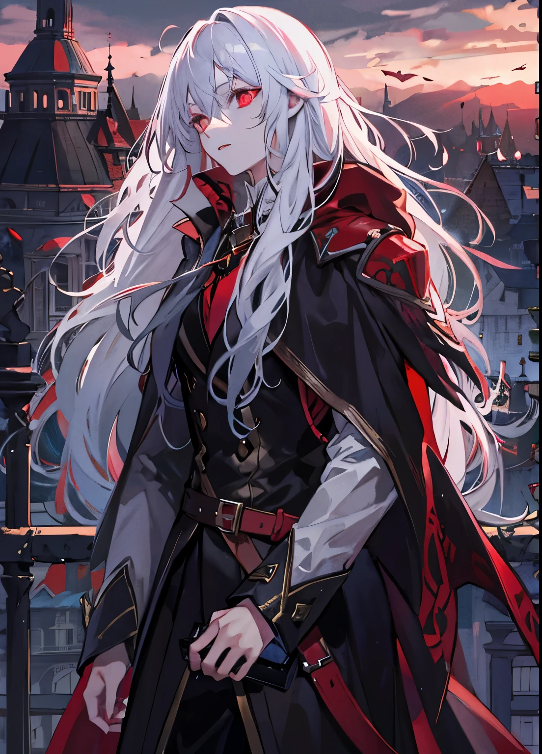 vampire，long white hair，Standing on the rooftop of the castle and looking into the distance，red sword，Gorgeous black cape，red eyes，ruins