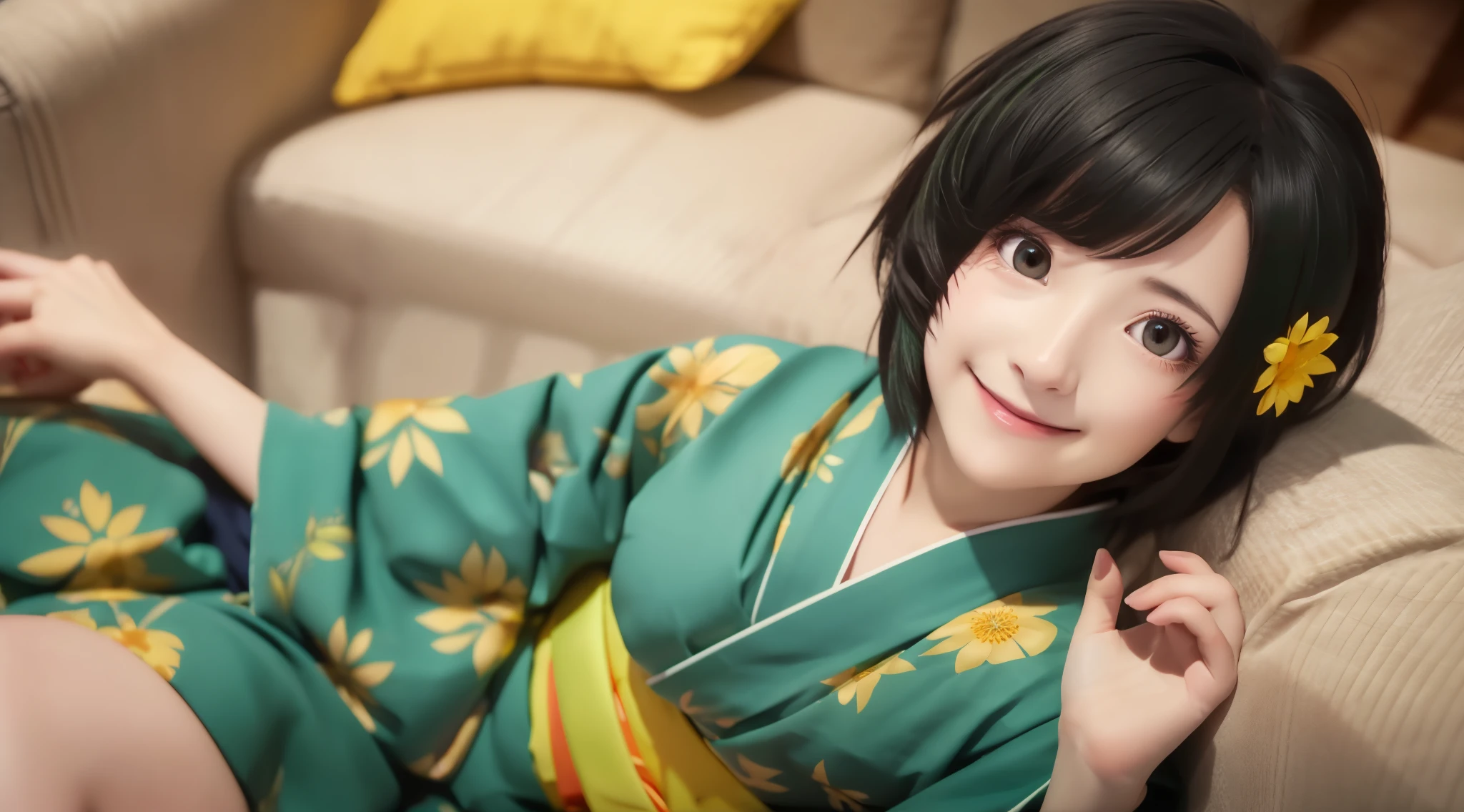 highest quality, 8K, Super detailed, photorealistic, master piece, best quality, ultra high resolution, highest quality, anime style, best writing, beautiful face, (1 girl:1.3), alone, looking at the viewer, black hair araragitsukihi, short hair, (green kimono:1.3), hair ornaments, green kimono,  (Yellow band:1.3), Ahoge, egg hair ornaments,
smile, :3, (lying in a sofa:1.3), extreme close up, 15 years old