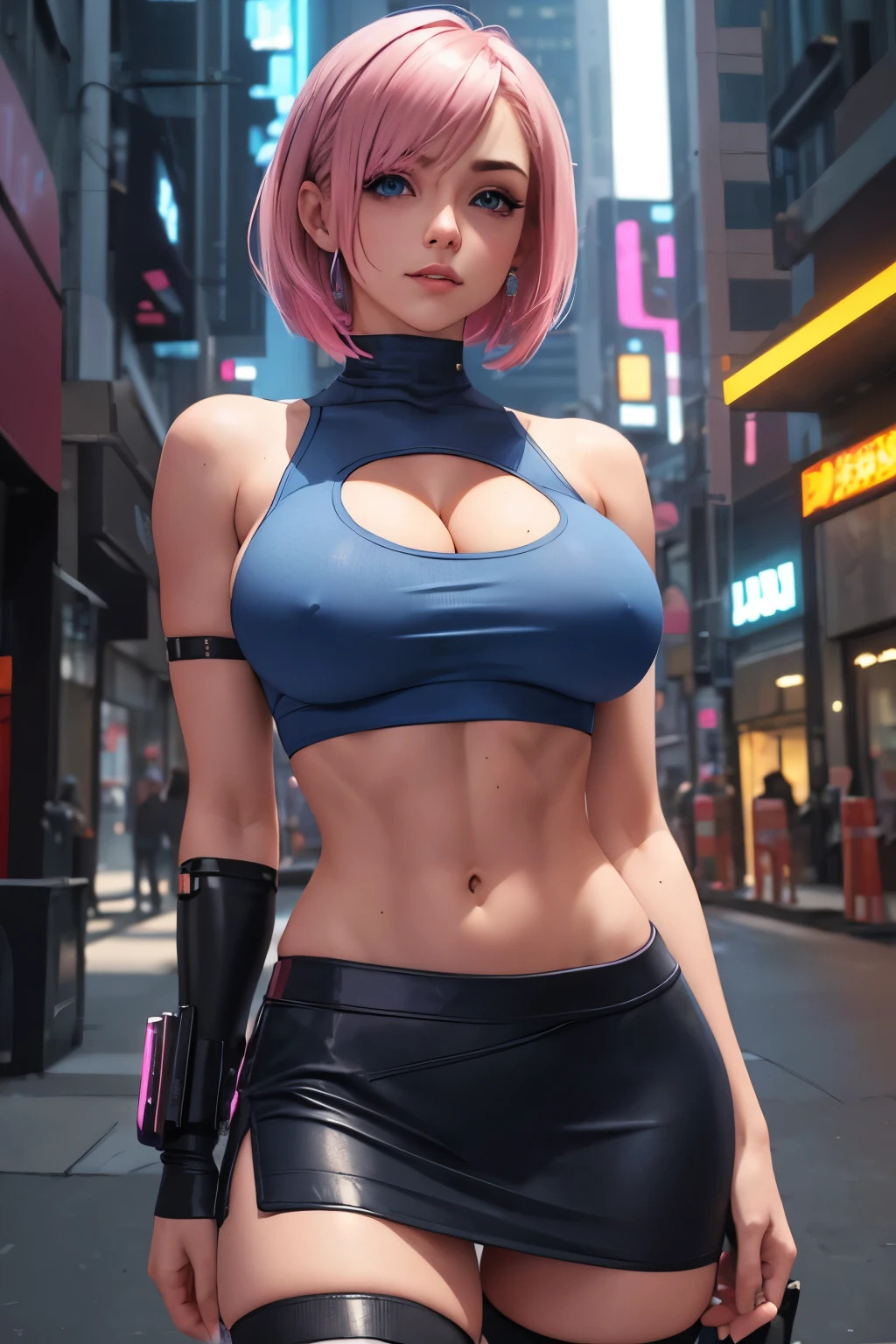 18 year old blonde, wearing a (skimpy crop top shirt), visible (underboobs:1.2), (fit and slim body) with visible (abs), short hairstyles, slim waist, (gradient blue to pink hair colour:1.2), skimpx short skirt, (lifting skirt), (exposed thighs:1.2), public street, (dynamic lighting:1.2), 8k, (detailed face and eyes:1.2), (cyberpunk aesthetic:1.2), (huge breasts:1.2), (deep cleavage), (busty), (breasts bulge:1.3), (cameltoe:1.2).
