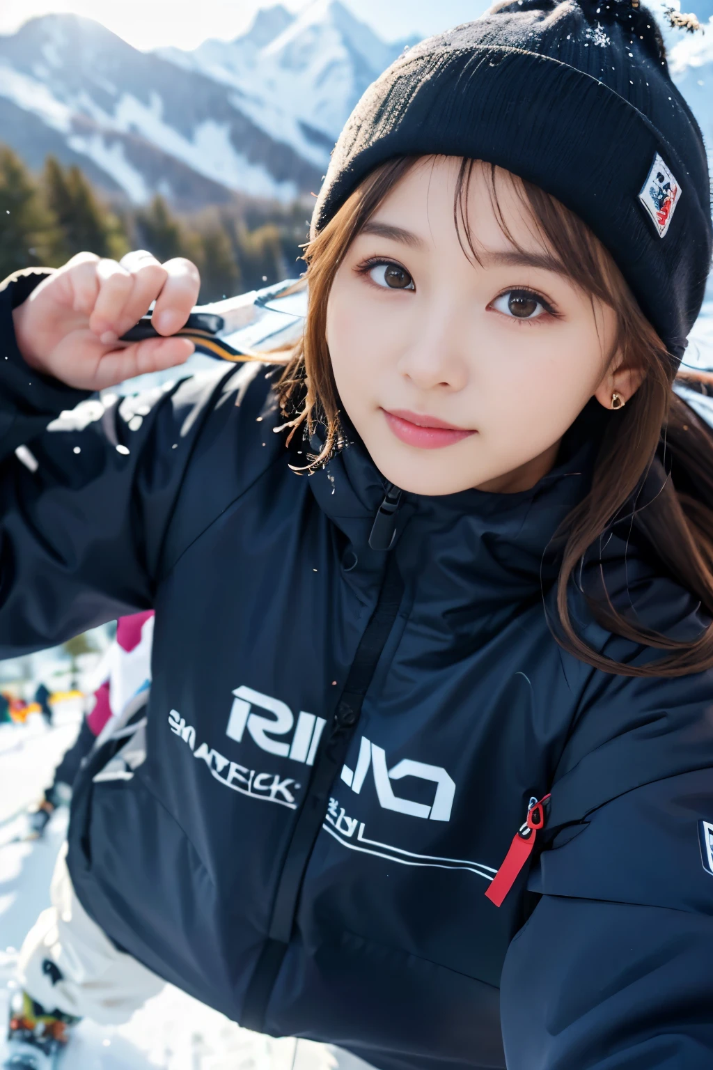 single, Blowing in the wind for a long time [Blue-black:.3] hair,View your viewers, (masterpiece:1.3), (8k, Realistic, RAW Photos, Highest quality: 1.4), Japanese, (One Girl), Beautiful Face, (Realistic Face), (black hair, short hair:1.3), beautiful hairstyle, Realistic eyes, Beautiful attention to detail, (Realistic Skin), Beautiful Skin, charm, Ultra-high resolution, Ultra-realistic, Very detailed, Ski Team - Insulated Ski Suits and Goggles,Baby Face,Small eyes,Baby Face,Thin eyebrows