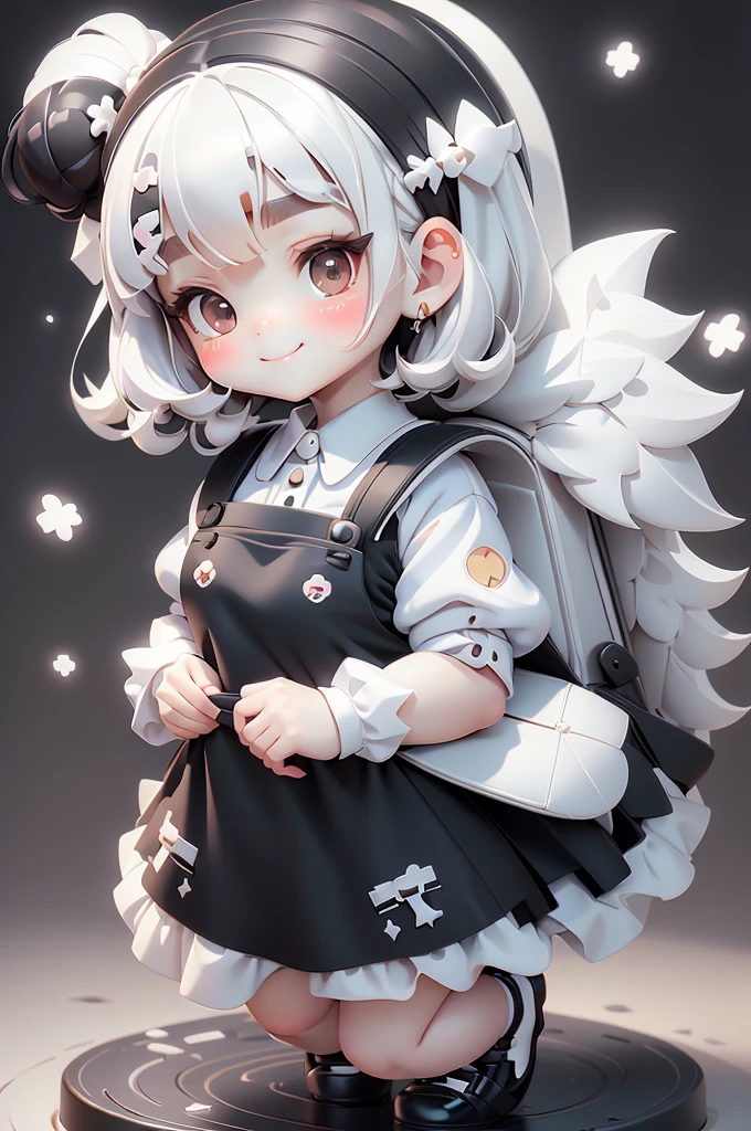 masterpiece, best quality, a cute chibi girl smiling, ((black)) hair, (((white pinafore dress))), (((short puffy sleeves shirt))), white hairbow, shite socks, (((black))) mary jane pumps, school backpack, (((full body)))