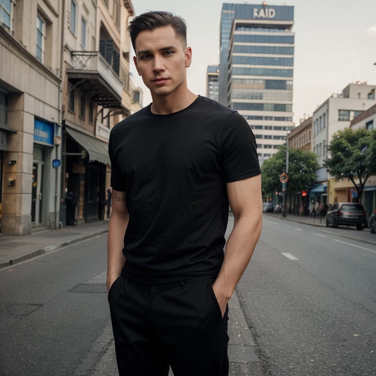 =)for a handsome man wearing a black t-shirt, trousers and shoes, rather wide forehead, undercut hair, real realistic photo of the city background
