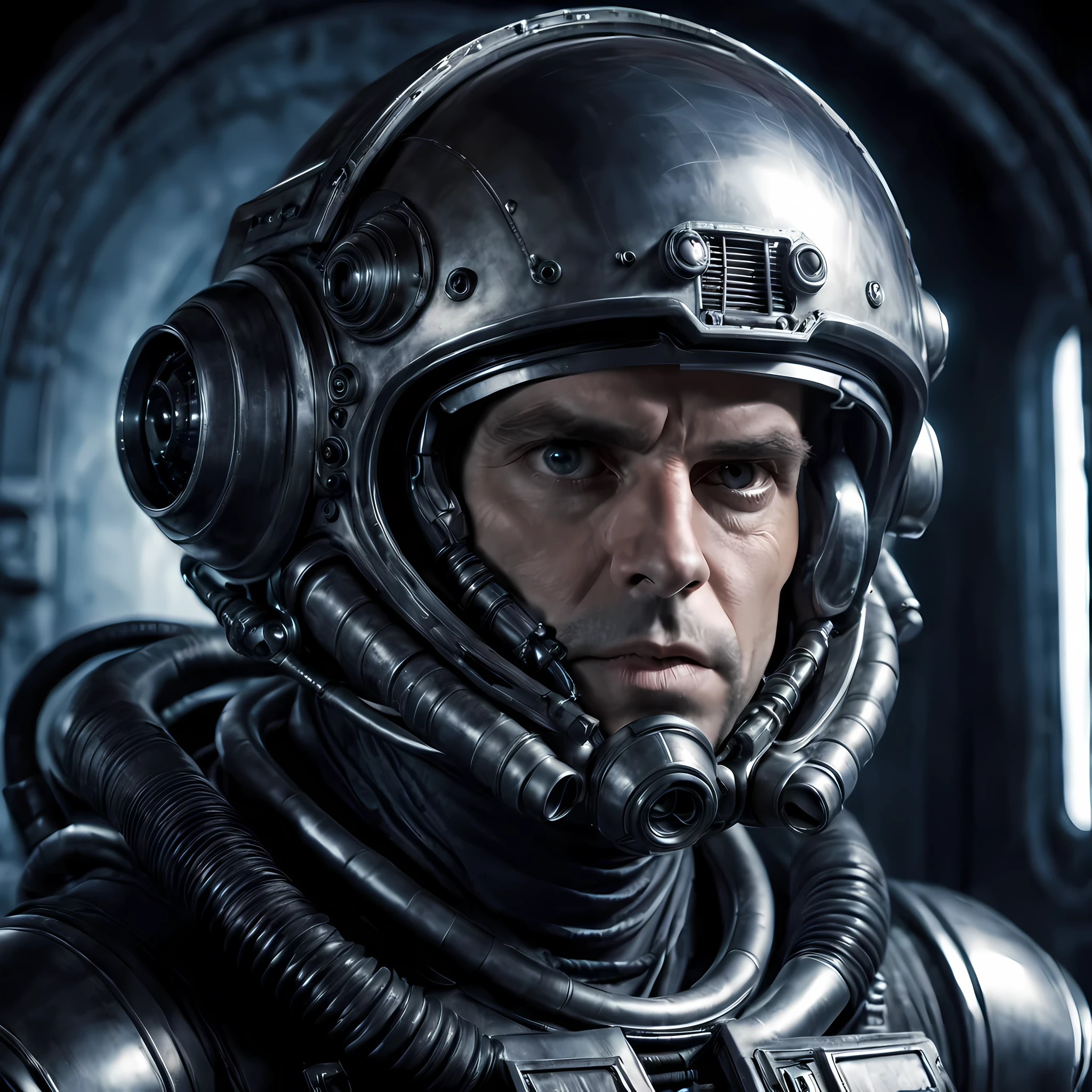 head portrait, astronaut in a Giger-style helmet, stern face of a 35-year-old man, look from under the eyebrows, hand with a fantastic blaster in his face, blaster barrel raised