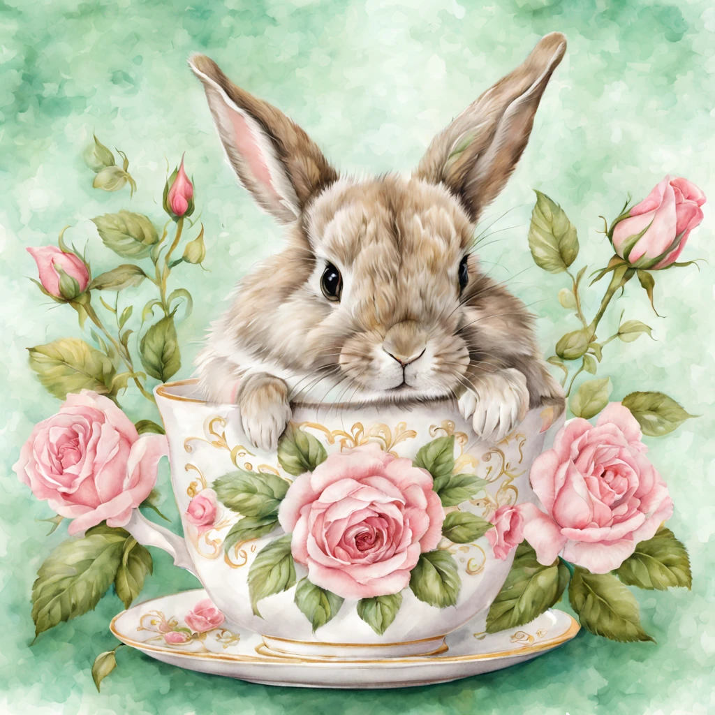 Beautiful cute baby bunny sits in a cup, pink roses, floral garden, bow on the head, beautiful, baroque, ultra realistic, realistic watercolor+pencil, vignette background, filigree, high octane, green, grey, emerald, gold, minty