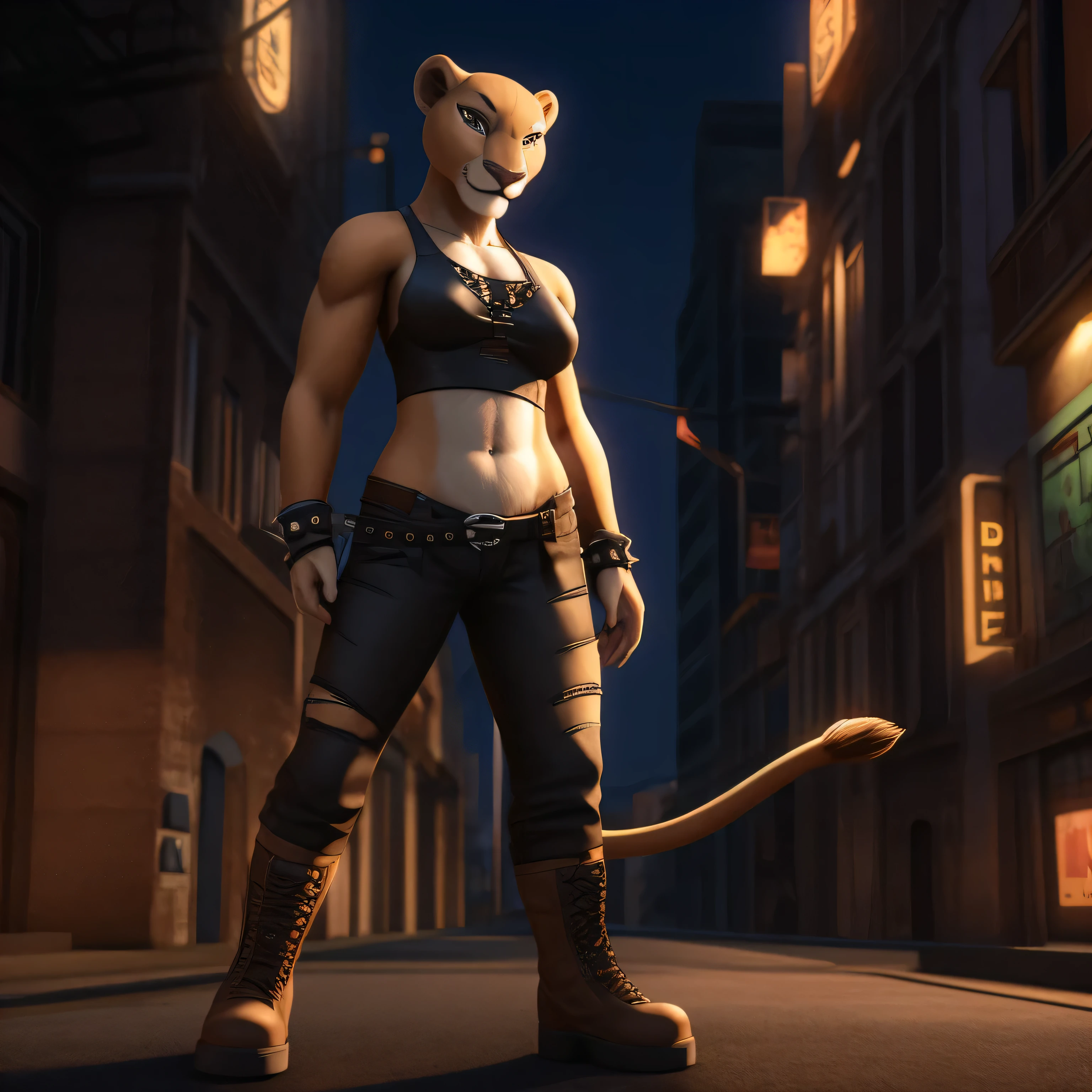 Nala, antropo, Female, pano punk, pose provocativa, standing, lion's tail, (3D realista), Cidade noturna