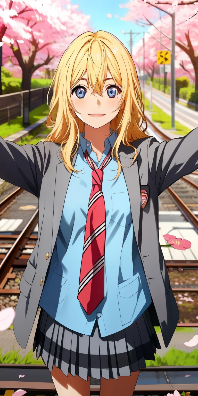 1girl、masterpiece、highest quality、High resolution、super fine、leader,blue eyes,blonde hair,long hair,school uniform,blazer,Jacket,grey Jacket,open Jacket,stripe tie,(red tie:1.2),collared shirt,blue shirt,long sleeve,plaid skirt,gray skirt,black socks,loafers,CCWORI、blue eyes、blonde、long hair、hair between eyes、bangs、Riman、((evening、On the way home from school、In front of a railroad crossing lined with fantastic cherry blossom trees、Cherry blossom petals are fluttering、Playing with open arms、smile))
