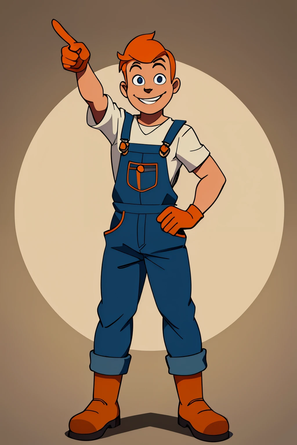 Imagine a mascot-like human character from an electrical materials company, dressed in worker overalls, full body, pointing upwards with his index finger, pliers in one hand, smiling, happy and his eyes contain a hint of mischief, mixing whimsical realism, simple art style inspired by the visual style of Studio Hanna Barbera