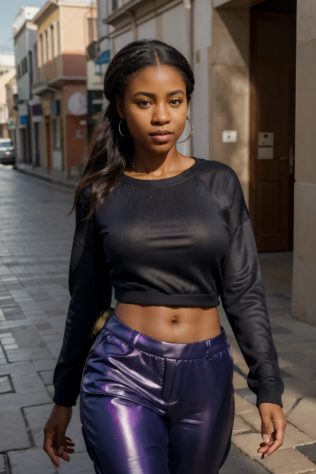 desing, Interrior, Interriordesing Masterpiece, La mejor calidad, (foto RAW altamente detallada:1.2), Renderizado 8K en octanaje, volumetric illumination, Volumetric shadows Portrait of a african woman, (mirada apasionada), sin pantalon, sexy, pullover, Caminando por la ciudad