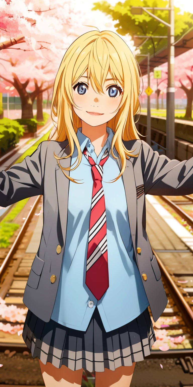 1girl、masterpiece、highest quality、High resolution、super fine、leader,blue eyes,blonde hair,long hair,school uniform,blazer,Jacket,grey Jacket,open Jacket,stripe tie,(red tie:1.2),collared shirt,blue shirt,long sleeve,plaid skirt,gray skirt,black socks,loafers,CCWORI、blue eyes、blonde、long hair、hair between eyes、bangs、Riman、((evening、On the way home from school、In front of a railroad crossing lined with fantastic cherry blossom trees、Cherry blossom petals are fluttering、Playing with open arms、smile))