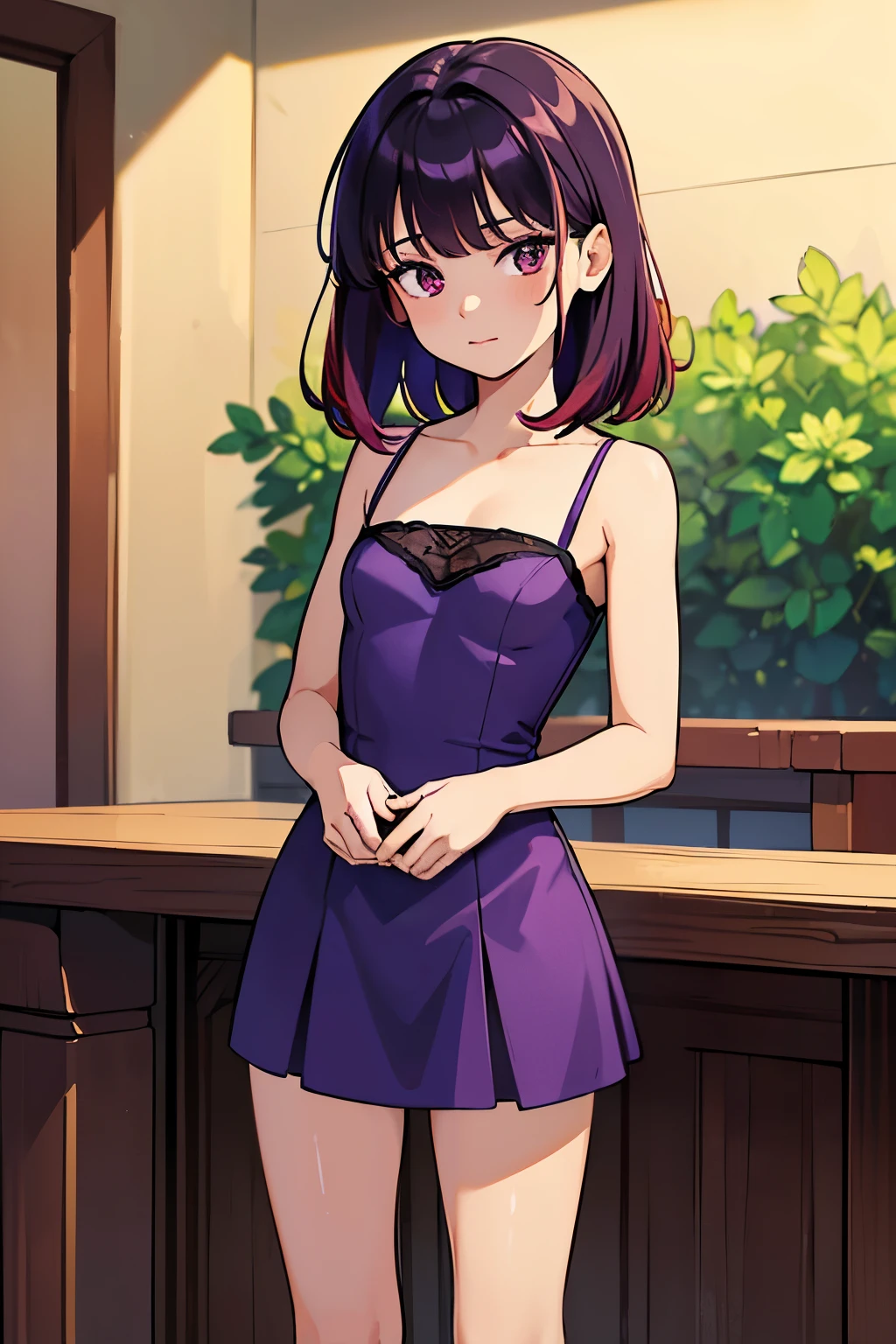 (best quality,4k,highres,masterpiece:1.2),young girl,18 years old,small breasts,short dress,purple dress,black hair,red hair