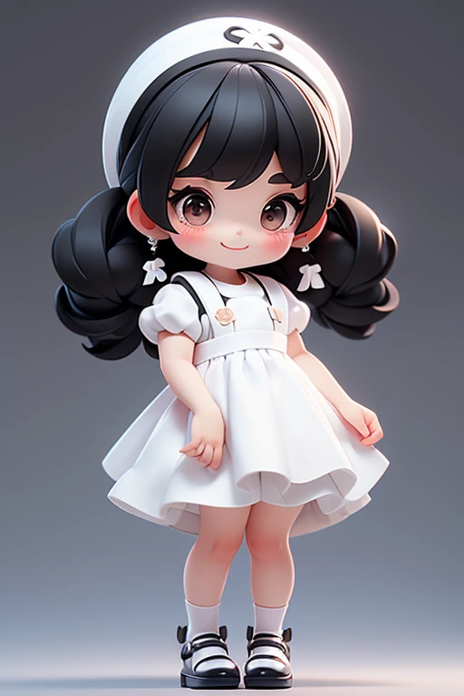 masterpiece, best quality, a cute chibi girl smiling, ((black)) hair, (((white pinafore dress))), (((short puffy sleeves shirt))), white hairbow, shite socks, (((black))) mary jane pumps, school backpack, (((full body)))