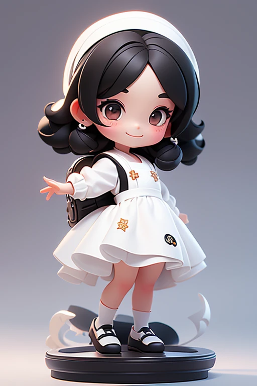 masterpiece, best quality, a cute chibi girl smiling, ((black)) hair, (((white pinafore dress))), (((short puffy sleeves shirt))), white hairbow, shite socks, (((black))) mary jane pumps, school backpack, (((full body)))