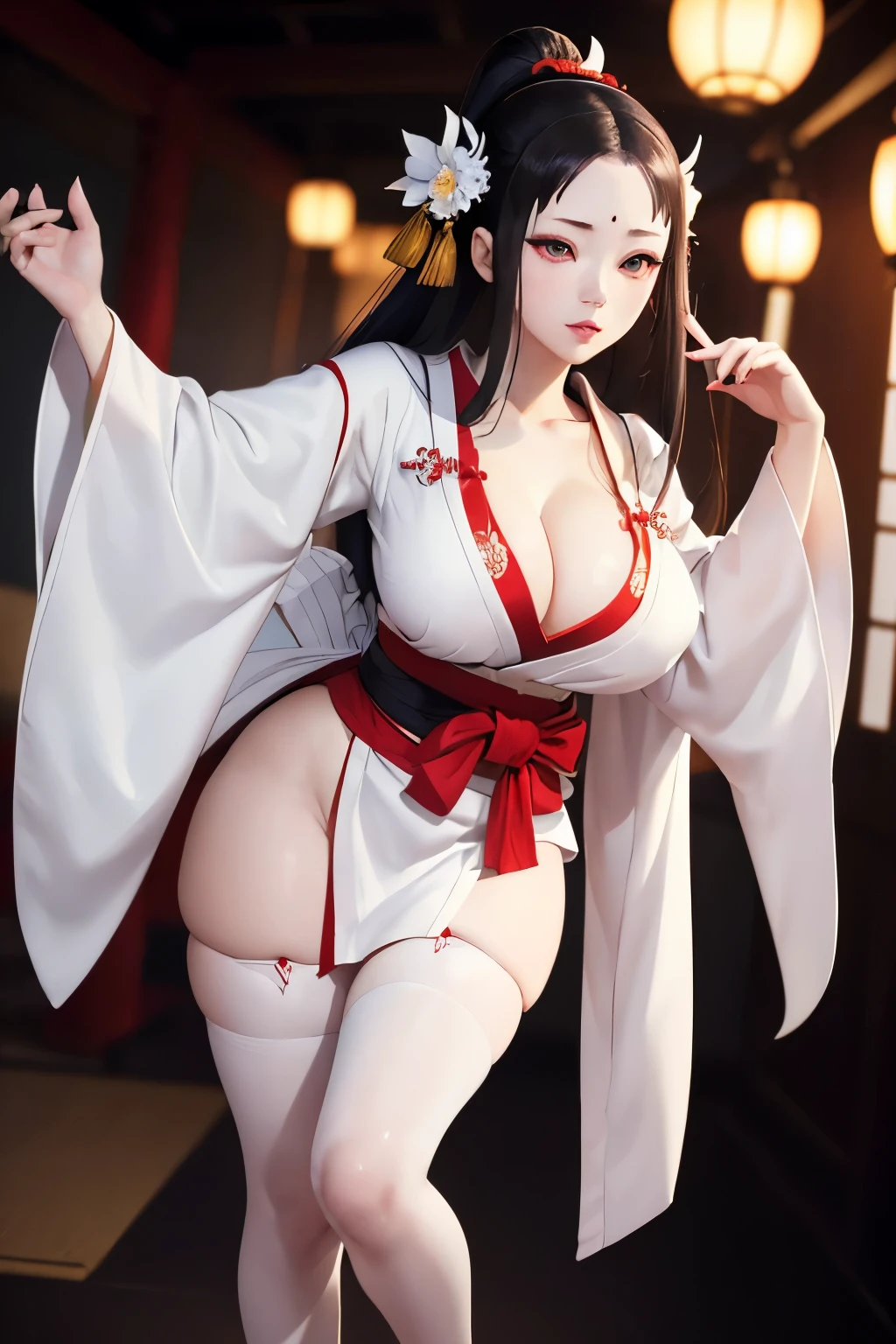 Photo of (kaguya otsutsuki:1.2), looking at camera, (full body view), detailed pale skin, film photography, vintage, perfect body, cinematic lighting, realistic, sharp focus, very detailed, 4K HQ, depth of field, f/1.2, Leica, 8K HDR, high contrast, shadows, bokeh, (white skimpy kimono:1.2), (tight kimono:1.1), long stern face, (detailed face and eyes:1.2), (white iris:1.2), (beautiful white eyes:1.2), kaguya, (red third eye:1.2), pale skin, horns, (sharp fingernails:1.2), forehead mark, (busty voluptuous figure:1.4), (deep cleavge), (breasts bulge:1.2), (cameltoe:1.2).