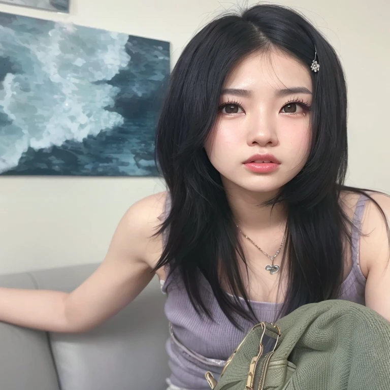 arafed woman sitting on a sofa with a purse and a purse, Young cute pale asian face, joven y adorable rostro coreano, ulzzang, chica linda-cara-fina, pale korean adorable face, hermosa joven coreana, yanjun chengt, beautiful asian girl, hermosa mujer surcoreana, muchacha coreana, xisionwu, hermosa joven coreana, winter aespa 