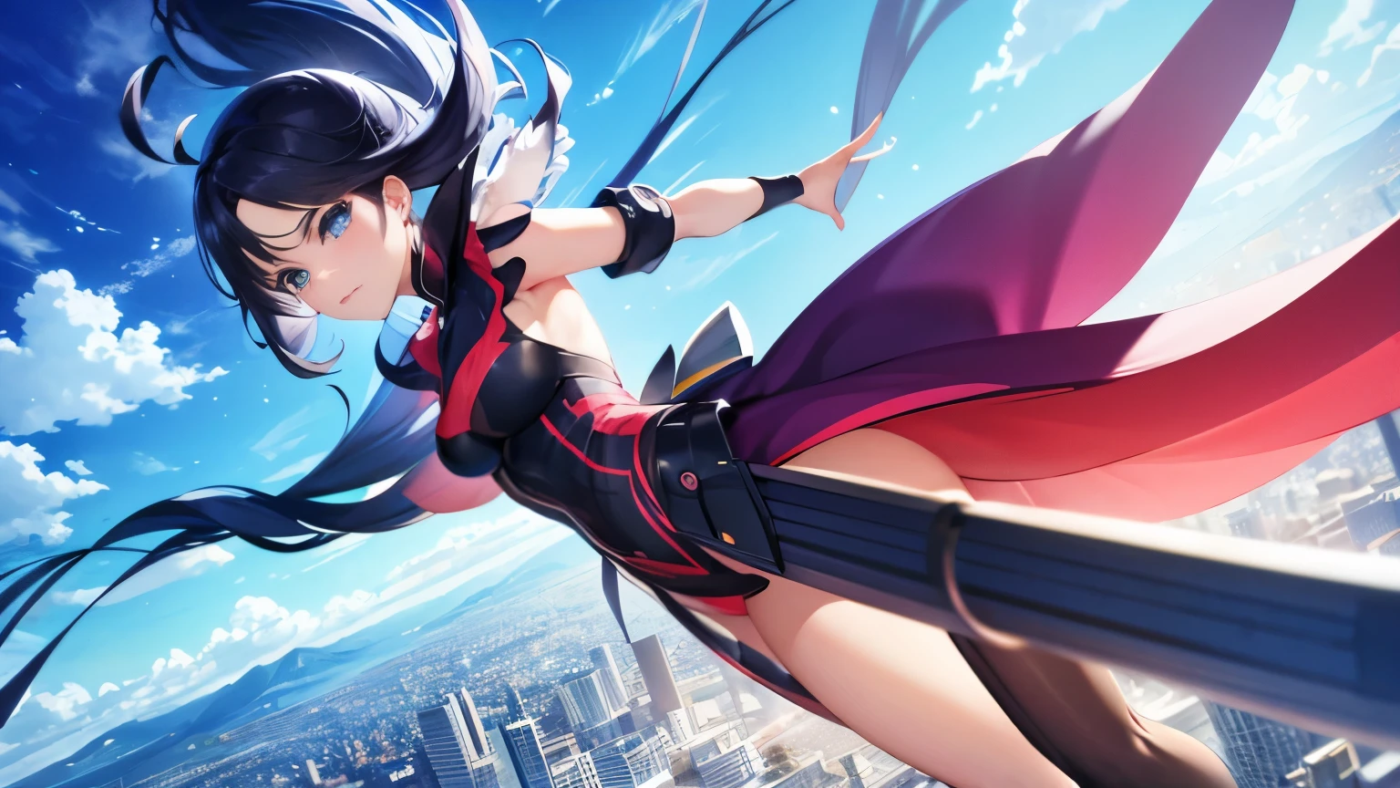 Anime characters in front of a vibrant city under a blue sky in a 4K anime illustration style. Digital art in anime style, with modern touches and influences from Fujifilm aesthetics. A 4K image that blends traditional anime art elements with a contemporary vision. A stunning scene portraying a harmonious fusion between classic style and high-resolution digital art, adaptable to 8K if desired.