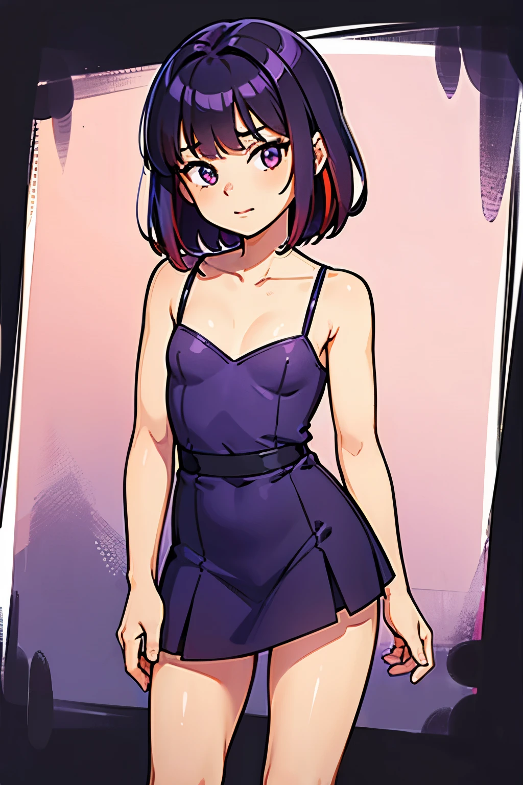 young girl, 18 years old, small breasts, short dress, purple dress, black hair, 4k, red hair