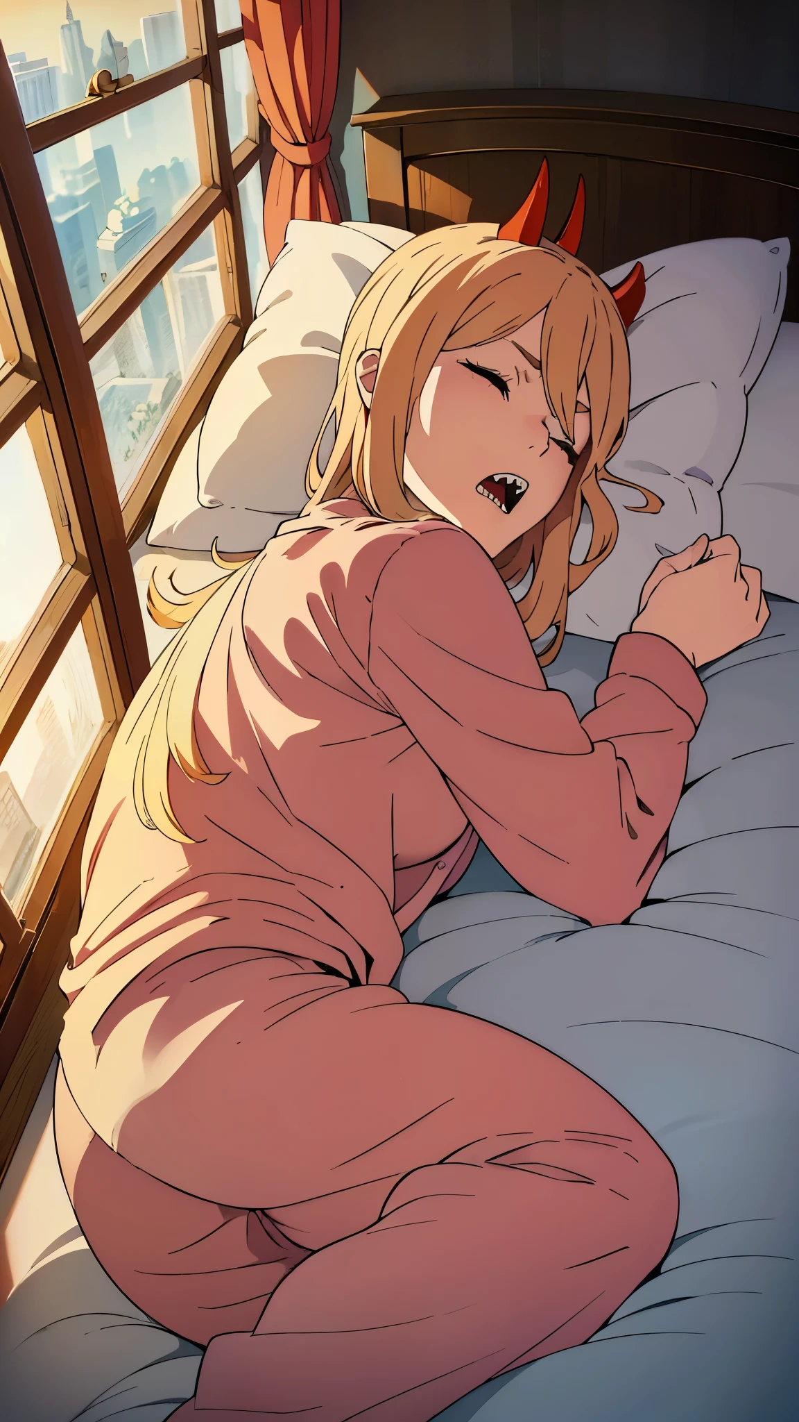 masterpiece, detailed, (power:1.2), blonde hair, horns, hair between eyes, closed eyes, open mouth, sharp teeth, (laying on a bed, no clothes on, wearing pajamas, sleep), warm sunlight from windows