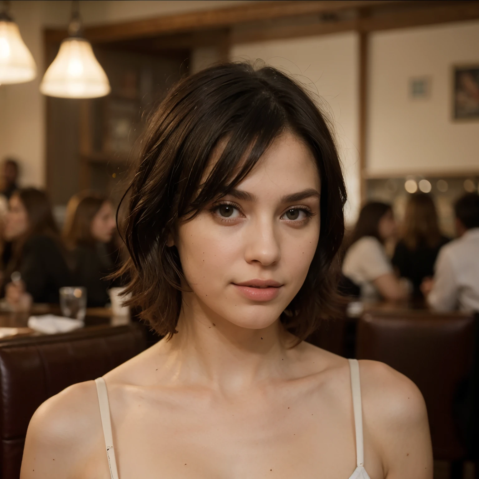((best quality)), ((masterpiece)), (detailed), short, (medium dark hair), in a restaurant