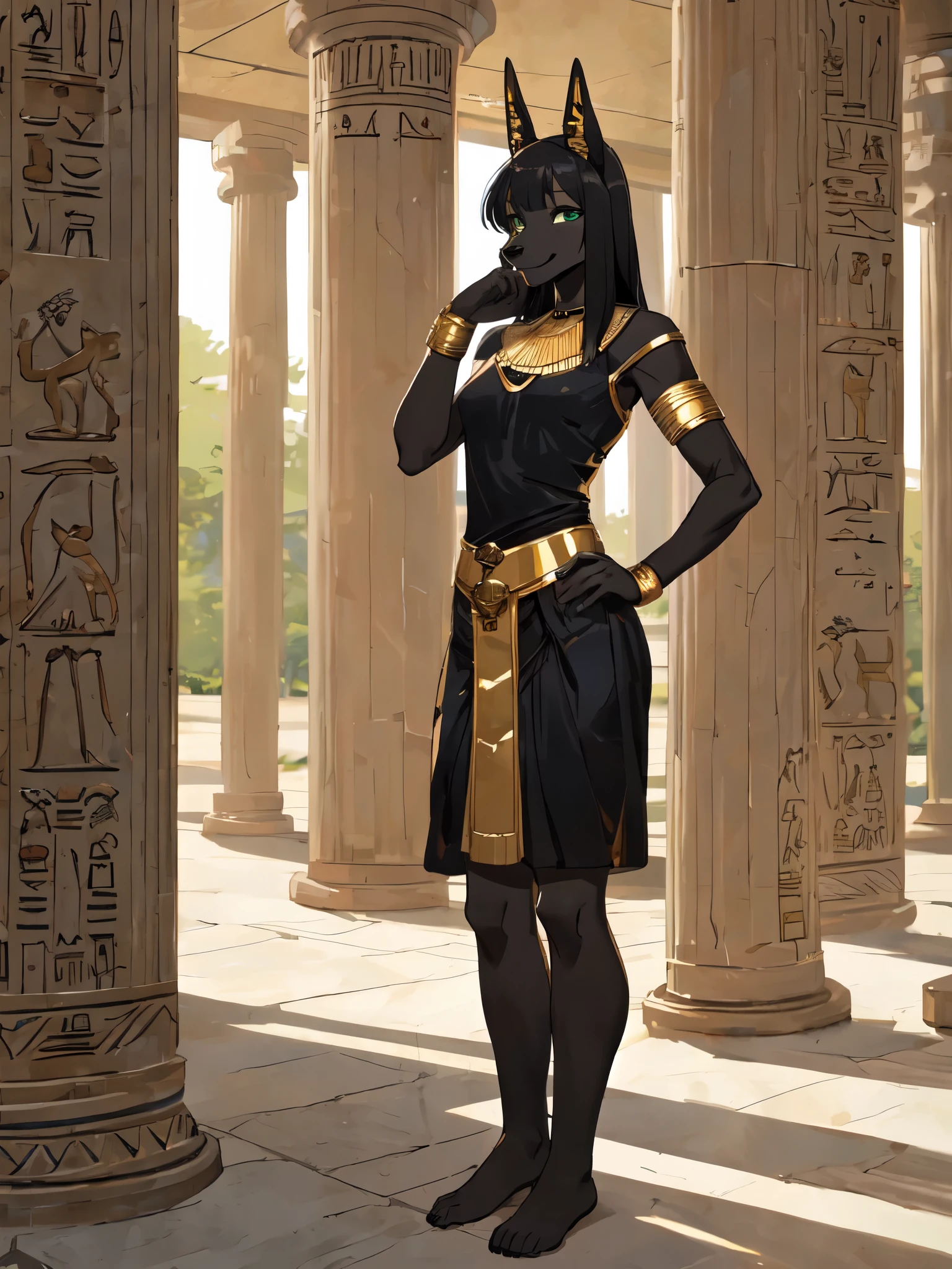 Anubis, black female dog, green eyes, snout, black nose, long pointy black dog ears, black furry body, black hair, no cut hair, small breasts, wearing Egyptian goddess clothing, golden Egyptian skirt, glowing gold Egyptian markings all over body, grinning, smirk, standing in an Egyptian temple, barefoot, full body shot, perfect anatomy, by gudlmok99, by fumiko, by hyattlen, dynamic lighting, highly detailed background